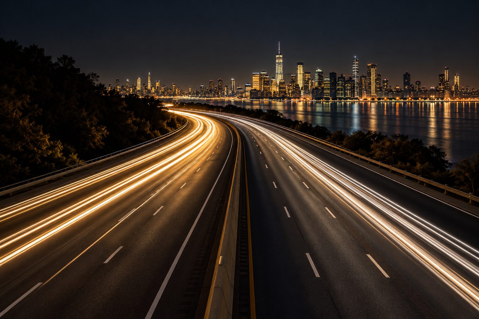Light trails on a highway at night leading toward the New York skyline