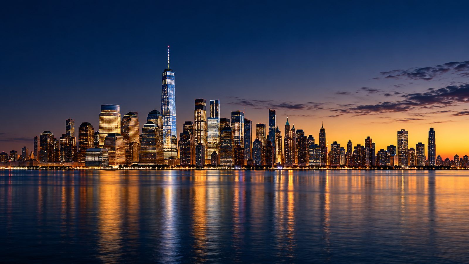 The Manhattan skyline at dusk, seen across the Hudson River